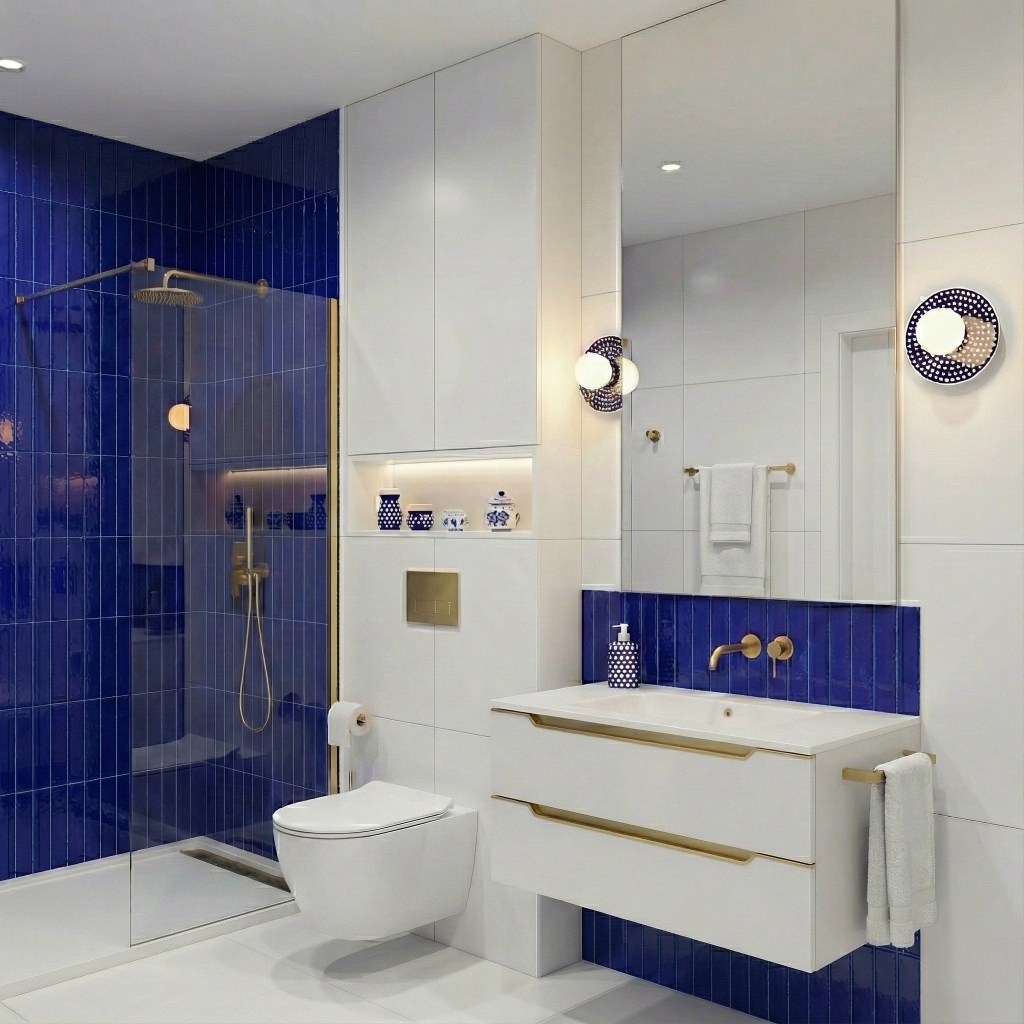 Kinkiety z ceramiki bolesławieckiej na tle granatowych płytek