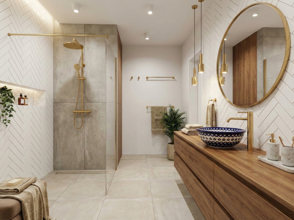 Umywalka nablatowa z ceramiki bolesławieckiej w nowoczesnej łazience