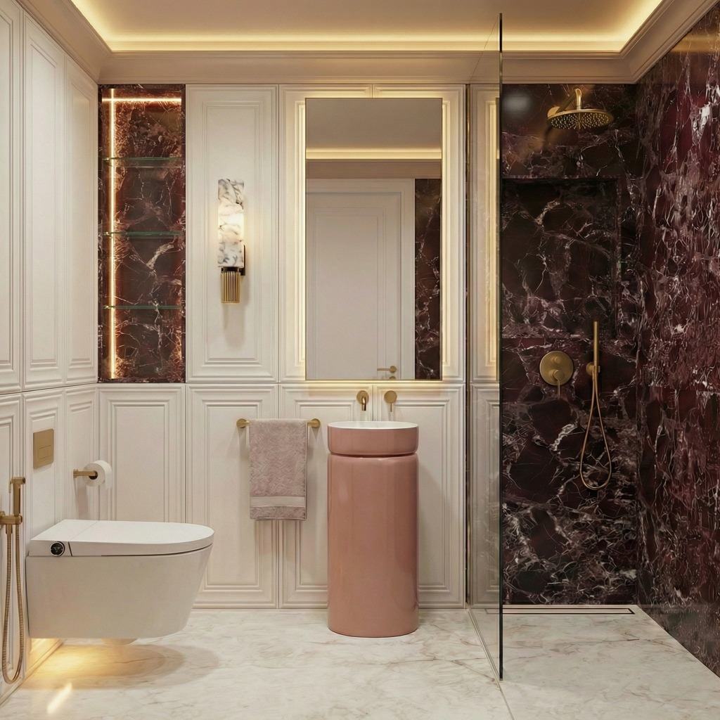 Łazienka w odcieniach bordo i wiśni