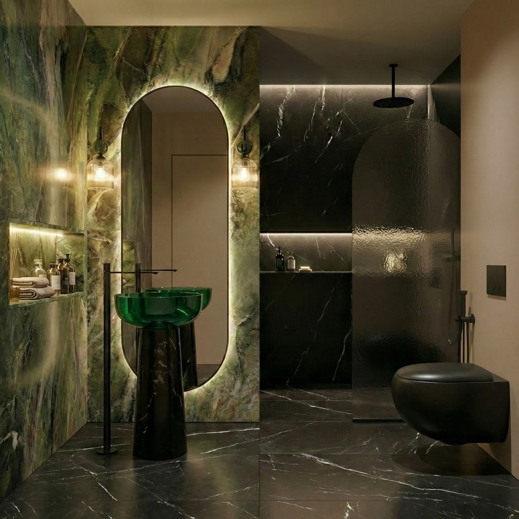Zielona łazienka z wyrazistym kamieniem